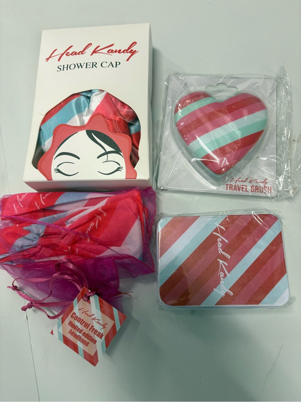 4pc Holiday Head Kandy Pink & Teal Striped Travel Hair Accessory Set Shower Cap